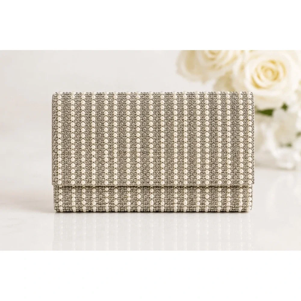 Silver Crystal Pearl-like Clutch Purse Evening Wedding Crossbody Chain Bag
